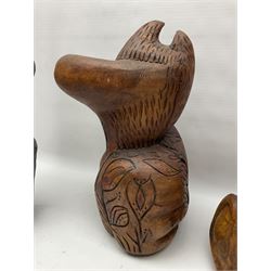 Helen Skelton (British 1933 – 2023): Three carved wooden abstract sculptures, each modelled as a cat, with carved or painted features, largest H63cm. Born into an RAF family in 1933 in Kent and travelled the world extensively during her childhood. After settling in Bridlington, Helen immersed herself in painting, textiles, and wood sculpture, often inspired by nature's beauty. Her talent was showcased in a one-woman show at Sewerby Hall and recognised with the sculpture prize at Ferens Art Gallery in 2000. Sadly, Helen’s daughter passed away from cancer in 2005. This loss inspired Helen to donate her sculptures to Marie Curie upon her passing in 2023.