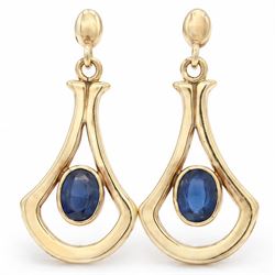 Pair of 9ct gold sapphire pendant earrings, each stud set with a single oval cut sapphire,...