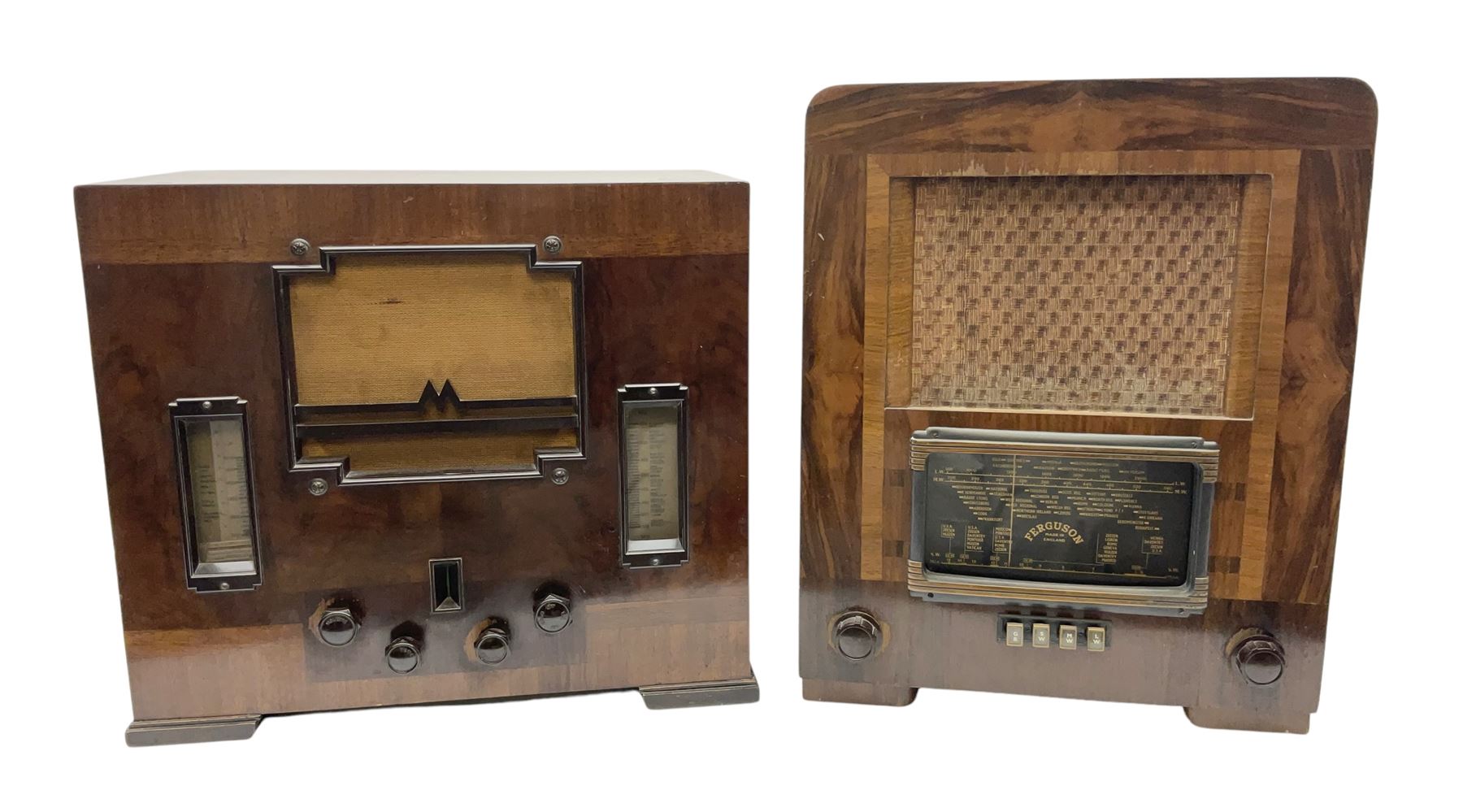 1930s Marconi model 296 valve radio, with Bakelite knobs and trim and 'M' over speaker fret, H40cm W46cm D27cm, together with 1930s Ferguson 702 valve radio with Bakelite knobs, H47cm