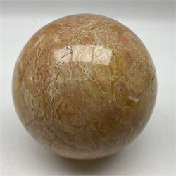 Large pink veined marble sphere, with yellow and grey undertones, D14cm