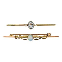 Early 20th century 15ct gold aquamarine and seed pearl brooch and an opal brooch, stamped 9ct