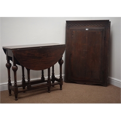  18th century oak corner cupboard, projecting cornice over fret work frieze, single door inlaid with cross and banded (W78cm, H110cm), and an early 20th century drop leaf table  