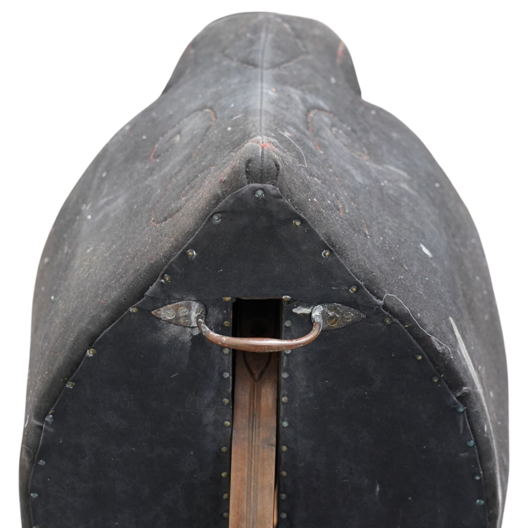 Carlton's - early 20th century weight bearing saddle stand, the top part allowing for the movement of the saddle, on curved oak trestle, marked Carlton's Registered