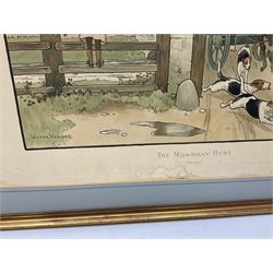 After Sir Joshua Reynolds (British 1723-1792): 'Lord Henry and Lady Charlotte Spencer', engraving with hand colouring pub. 1790; After Heywood Hardy (British 1843-1933): 'In the Lap of Luxury', engraving; After John Watson Nicol (British 1856-1926): 'An Immediate Settlement will Oblige', engraving; after Charles Staniland (British 1838-1916): 'Saved at Last', engraving; After Gaton Woodville: 'In the Nick of Time', colour print; after Victor Venner: 'The Mowbray Hunt Checked', colour print together with pair colour prints after Fred Elwell, a Chinese print, a mirror, further pictures etc, max 45cm x 68cm