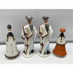 Group of eleven Aquincum of Budapest figures, comprising two of a man in a feather hat, seven dwarves, man and woman in traditional dress, all with printed marks beneath