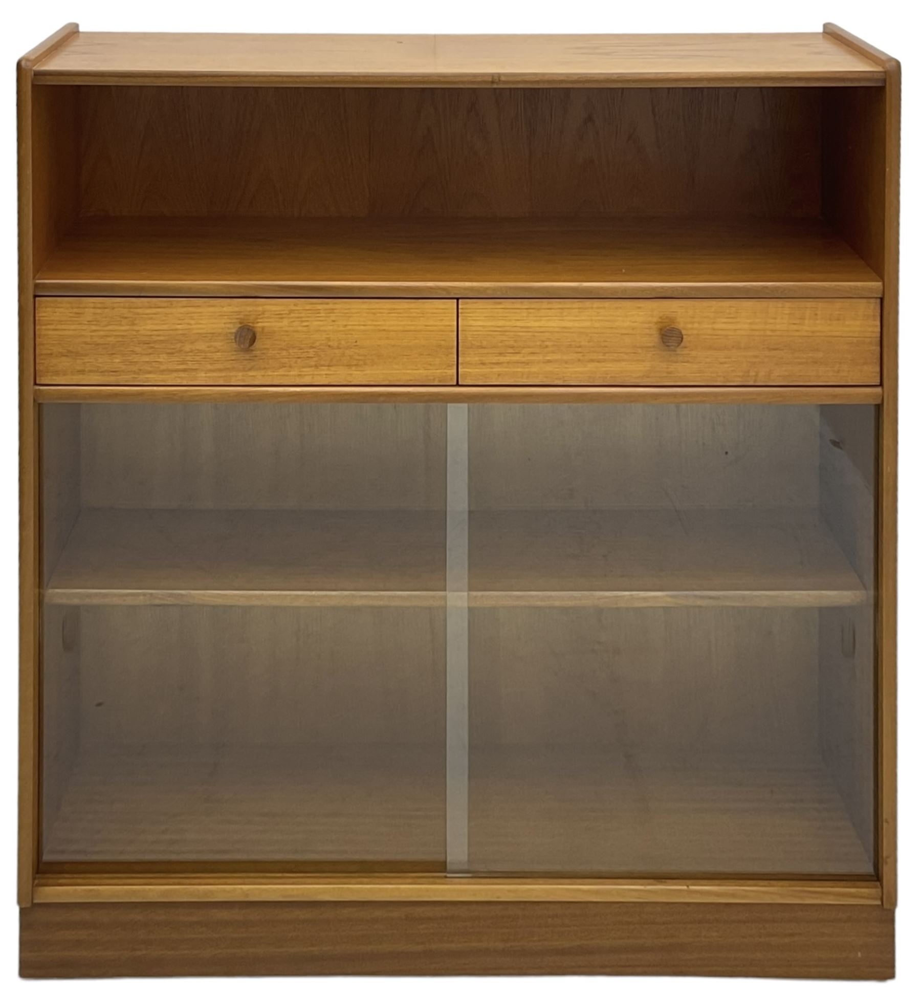 Nathan - teak open bookcase, fitted with sliding glass doors and two drawers
