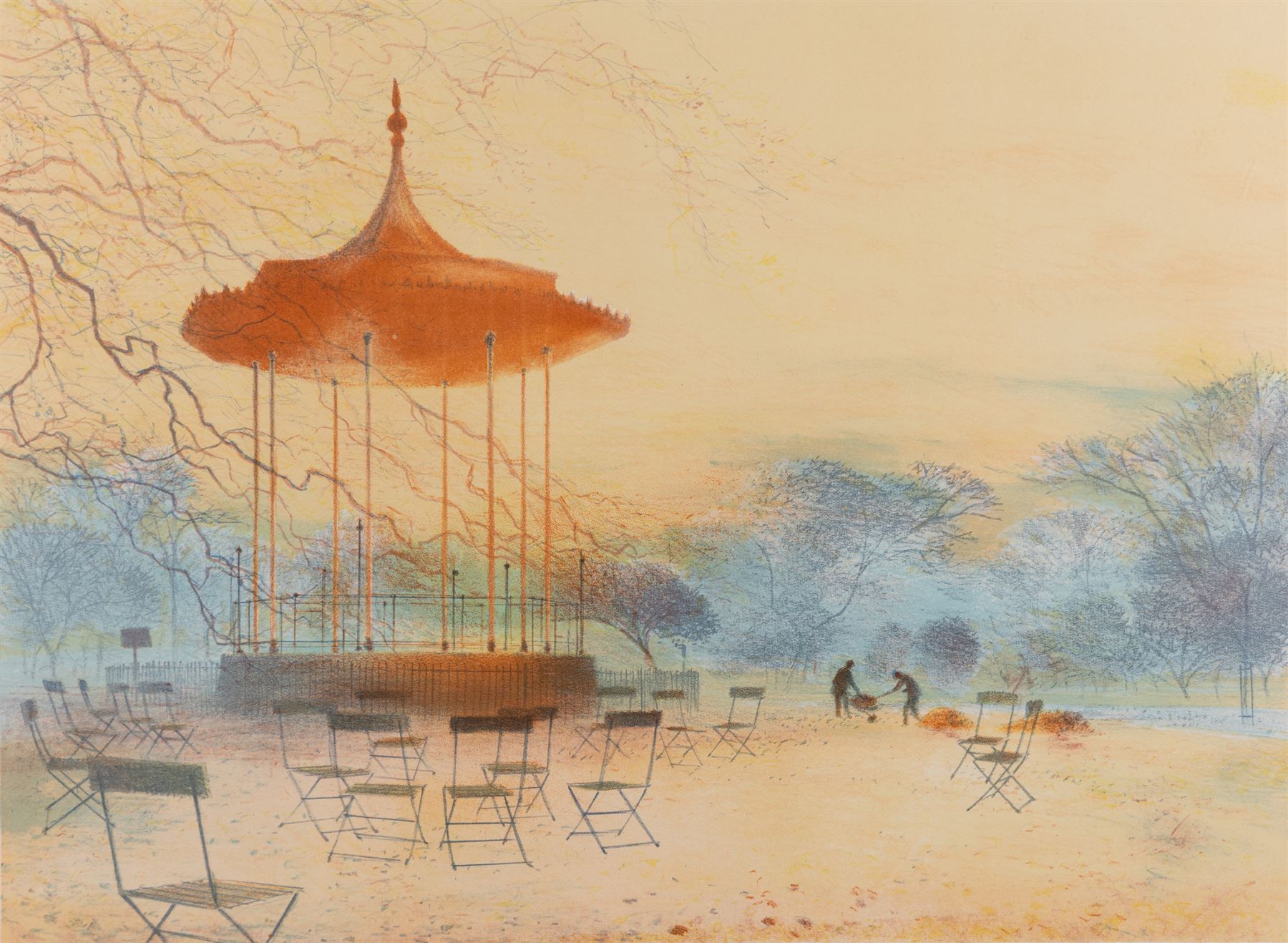Derek Mynott (British 1926-1994): Bandstand in Autumn, limited edition print signed and numbered 91/300 in pencil 39.5cm x 53.5cm 