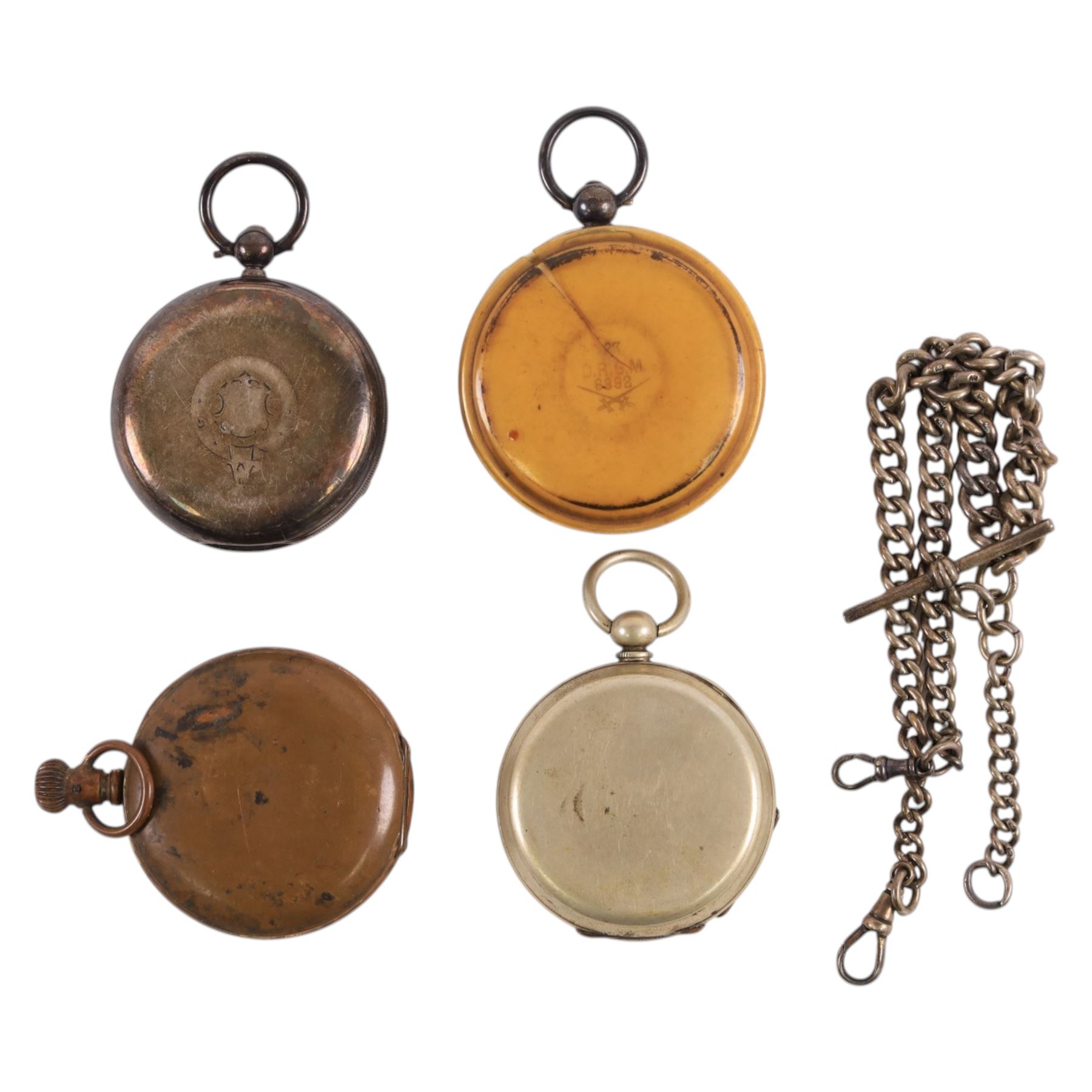 Two Victorian silver open face pocket watches, silver Albert chain and two base metal pocket watches