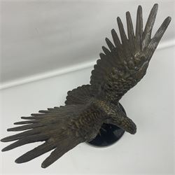 Bronze eagle, modelled in a standing position with wings spread, raised on a black veined marble circular plinth base, H29cm