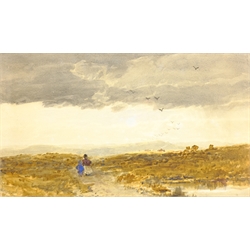 Edwin John Ellis (British 1841-1895): Figures on a Moorland Path, watercolour signed and indistinctly titled 26cm x 45cm