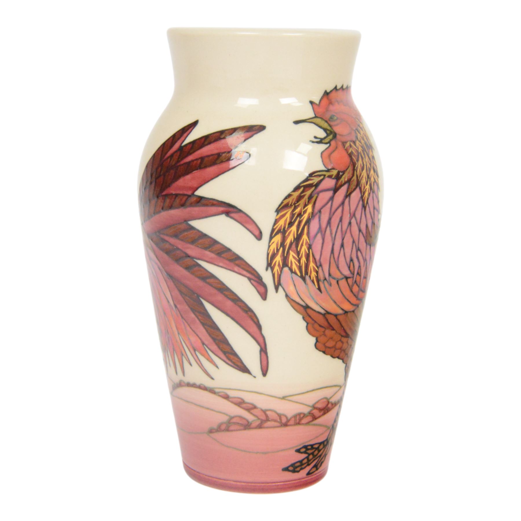 Dennis Chinaworks, Cockerels vase, dated 2005, baluster form decorated with red lustre cockerels on a white ground, limited edition 5/25, printed and painted marks beneath, H21cm