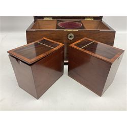 Tea caddy of sarcophagus form, two removable lidded interior compartments with space for a mixing bowl, with loop handles and four brass bun feet, together with rosewood and mother of pearl inlaid writing box, the hinged lid inlaid with foliate decoration lifting to reveal fitted interior, with two glass inkwells, tea caddy H20cm