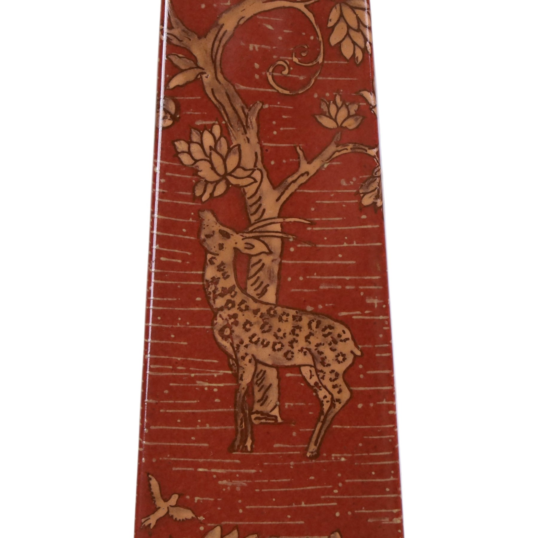 Wong Lee ceramic and brass obelisks, decorated with deer, trees and butterflies mounted on a brass elephant with brass to the base and top, H64cm
