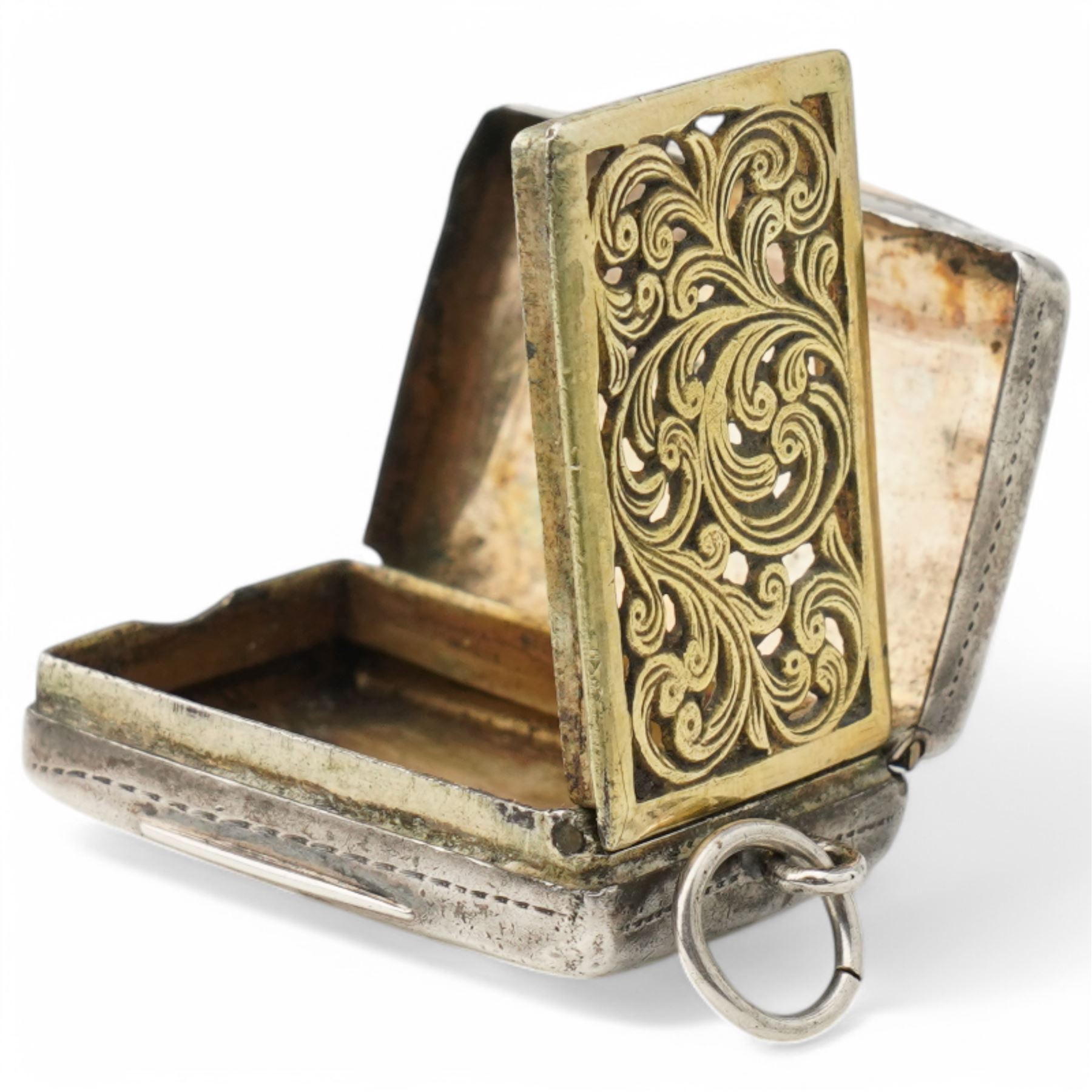 George IV silver vinaigrette with pierced and gilded grille Birmingham 1821 Maker John Shaw and a Victorian vinaigrette with engraved decoration Birmingham 1836 (2)