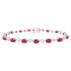 18ct white gold ruby and diamond bracelet, fifteen oval cabochon cut rubies, each spaced b...