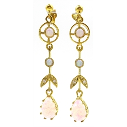  Pair of silver-gilt opal pendant earrings, stamped Sil  