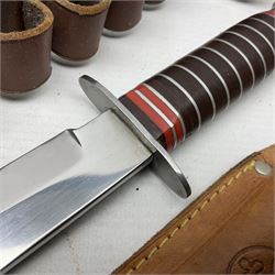 Mundial Brazil bowie knife, the 15.5cm steel blade inscribed 'Sheriff Knife', with banded and aluminium hilt; in leather sheath L29cm overall; British Army felt covered metal water bottle with webbing strap; leather 12-bore cartridge belt; and small pair of non-military binoculars in part case (4)