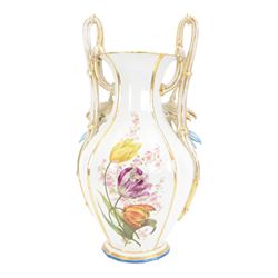 Large mid 19th century French porcelain vase, of baluster form with raised twin handles with applied stylised flower heads, the body painted with panels of pronounced floral sprays within blue and gilt borders, H58cm