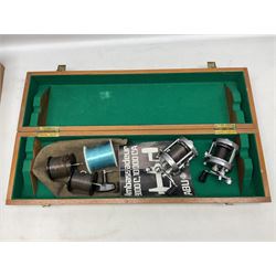 Four Abu fishing reels, comprising Ambassadeur 9000, Ambassadeur 7000, Ambassadeur 5500 and Ambassadeur 6500, together with additional line, hardy fishing bag and two wooden boxes