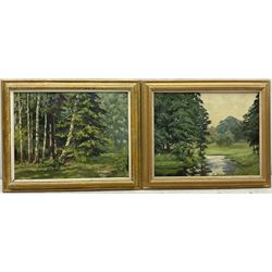 C Fleischmann? (German early 20th century): Forest Landscapes, pair oils on canvas laid on board indistinctly signed, one dated '28, 27cm x 35cm (2)