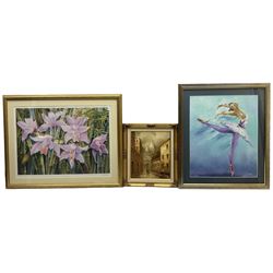 Rita Joyce (British 20th century): 'Orchids', limited edition colour print signed and numbered 120/395; Costello (Continental 20th century): Street Scene, oil on canvas signed; English School (20th century): Ballet Dancer, limited edition colour print signed and numbered 112/150 max 40cm x 56cm (3)