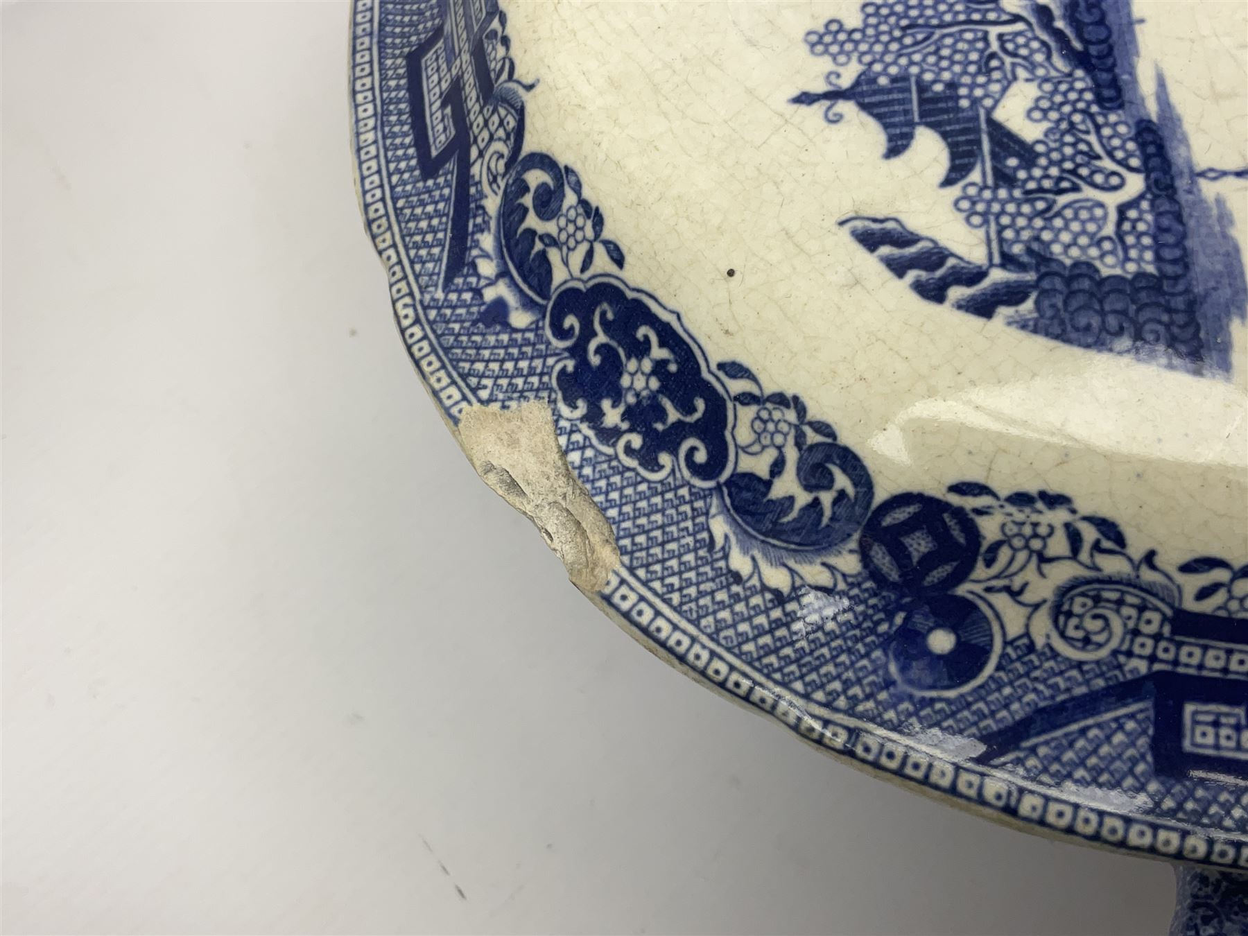 Large blue and white twin handled tureen with cover, Copeland Spode bowl, oriental blue and white jar and cover and a pair of blue and white vases