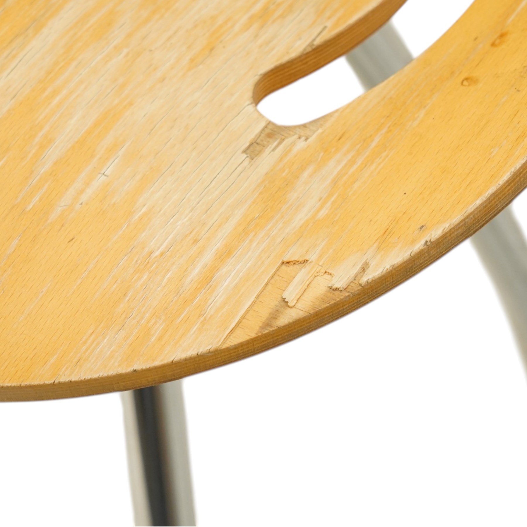 Lyra - set of three bar stools, dished plywood seats with wraparound low backs and crescent apertures, on outward swept chrome supports with contrasting black footrests