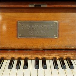 Claud Bechstein- German model IV overstrung upright piano in a mahogany Arts & Crafts designed case by Walter Cave, Serial number 56589 (1900-01), with a lattice music desk and silk backed open fretwork, square key fall with makers name and crafted brass hinges, two candle sconces on tapered square supports, makers name and model number cast into the frame, with an underdamper action, una-corda and sustain pedals, recently re-strung with new tuning pins, responsive action and damping, in very good playing condition, with 85 ivory and ebony keys A0-A7, tuning A=440. Including a period duet stool with a velvet-padded top.
Walter Cave was a leading architect, interior designer, and furniture maker during the Arts & Crafts period, a similar piano to this was owned and played by George Bernard Shaw and is on exhibition at the National Trust property, Shaw's Corner (Hertfordshire).

This item has been registered for sale under section 10 of the APHA Ivory Act, Reference 8P3C9UKA
