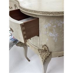 French style painted kidney shaped dressing table with three shaped swing mirrors, single centre drawer inset with Limoges style porcelain plaque, flanked by two short drawers, shaped supports, together with matching stool (W62cm, H48cm)