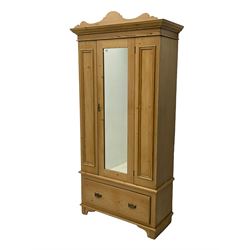 Edwardian pine single wardrobe, with mirror door and drawer to base