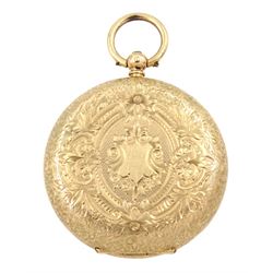 19th century 14ct gold open face cylinder pocket watch, gilt dial with Roman numerals, case with engraved foliate decoration, Swiss hallmark