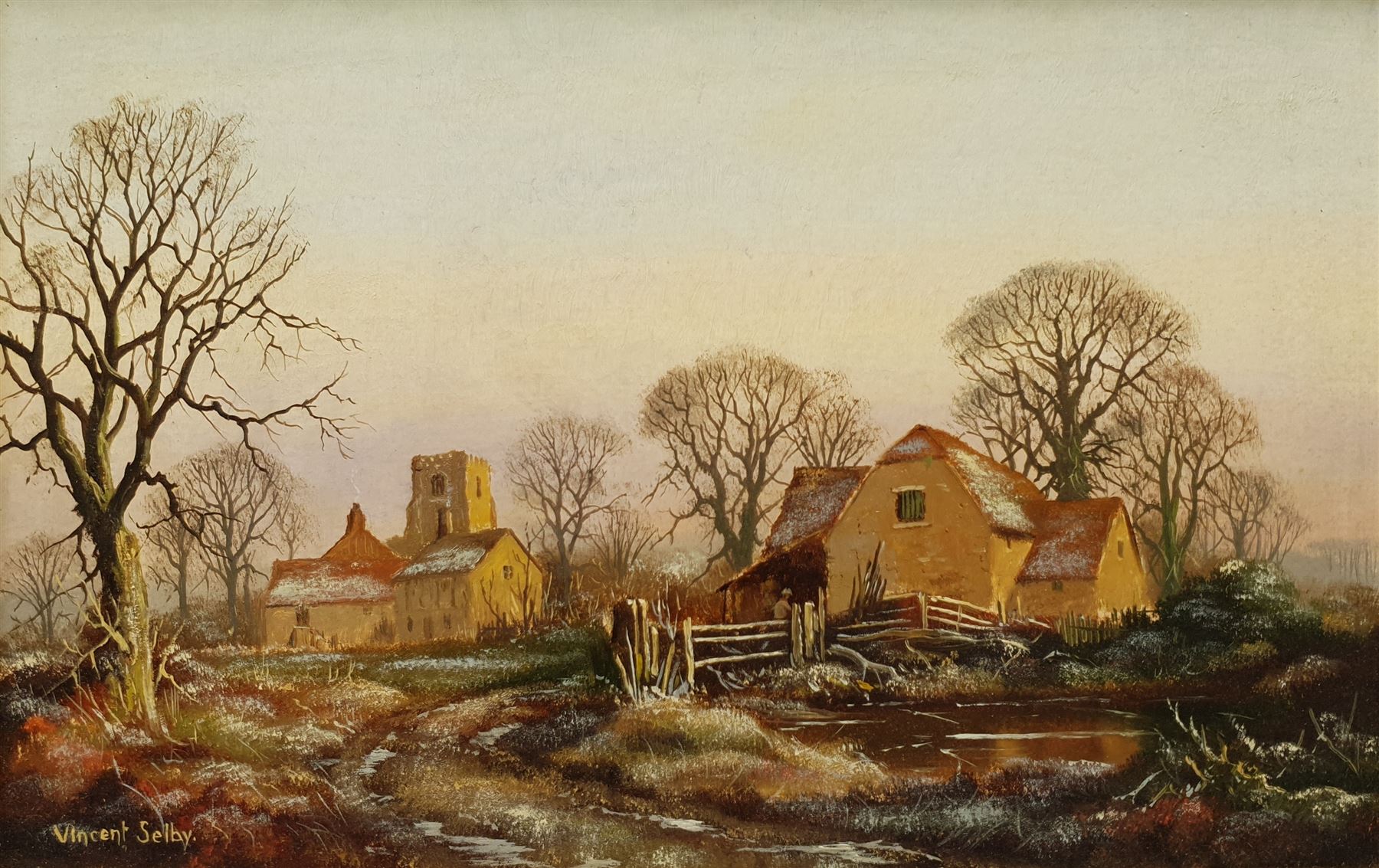Vincent Selby (British 1919-2004): Village scene - Frosty Morning, oil on board signed 19cm x 29cm