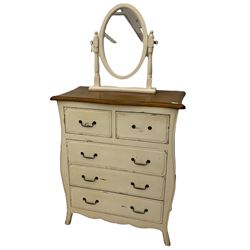 French style white painted chest, fitted with two short and three long drawers, and mirror