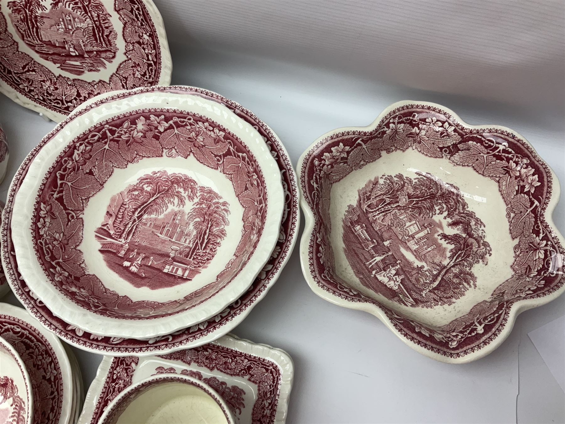 Masons Vista pattern ceramics, including coffee pot, sauce boat, twin handled jar and cover, teapots, mugs, etc 