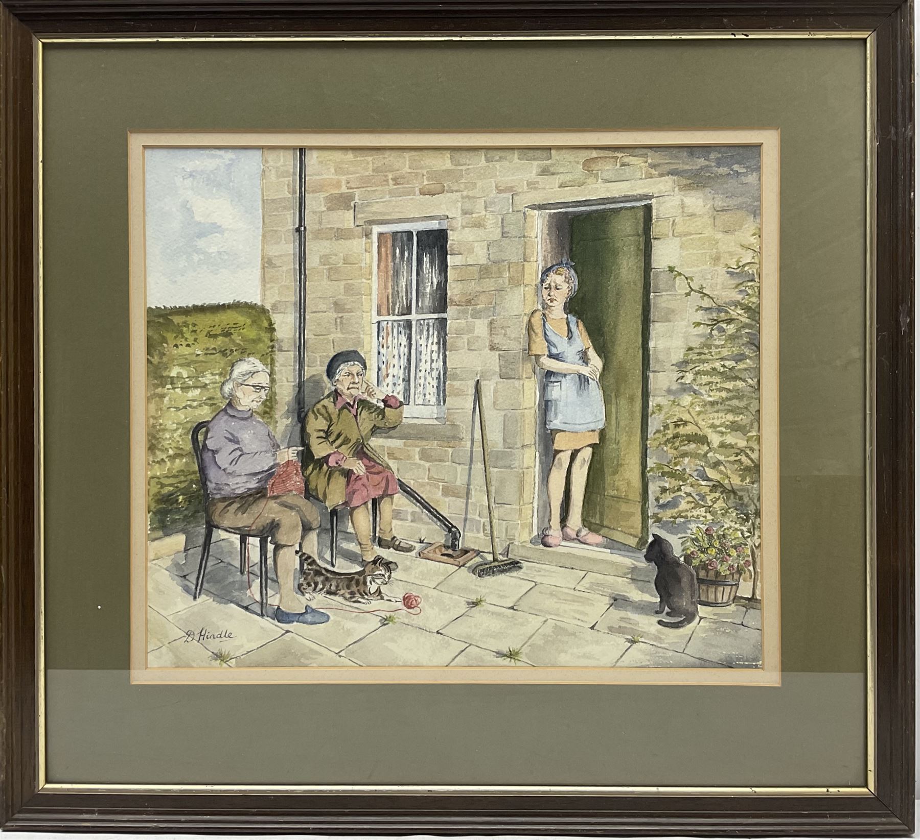 Doris Hindle (British 20th century): 'Backyard Gossips', watercolour signed;  Arthur Craven (British 20th century): 'Ravenscar Cumbria', watercolour signed, labelled verso; R BlakeHarper (British 20th century): 'Farm on Baitings Road Toward Rishworth', watercolour signed and dated 2006 max 34cm x 40cm (3)
