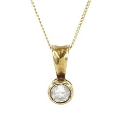 9ct gold bezel set single stone round brilliant cut diamond pendant, hallmarked, on 9ct gold chain necklace, diamond approx 0.25 carat