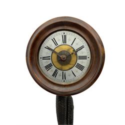 A German 30-hour chain driven wooden framed Postman’s Alarm clock, sounding on a bell, with internal wooden movement plates and brass train wheels, 7” chapter ring with roman numerals, minute track and half hour markers, with steel hands (minute hand a replacement) and alarm setting disc to the centre, with a 10-1/2” oak bezel and hinged side viewing doors. With weights and pendulum.




