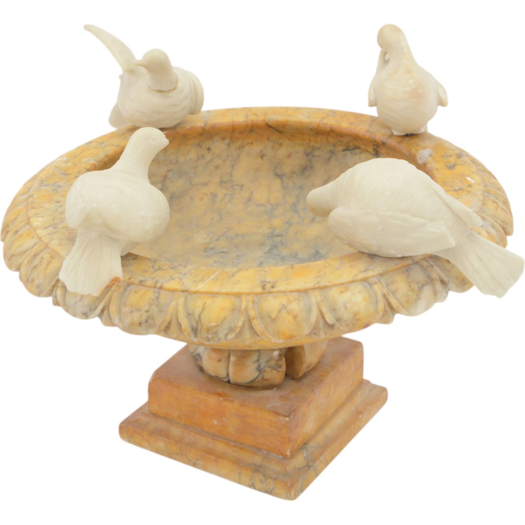 20th century alabaster bird bath, shallow bowl form with egg and dart moulded rim, mounted by four doves, H30cm, D35cm