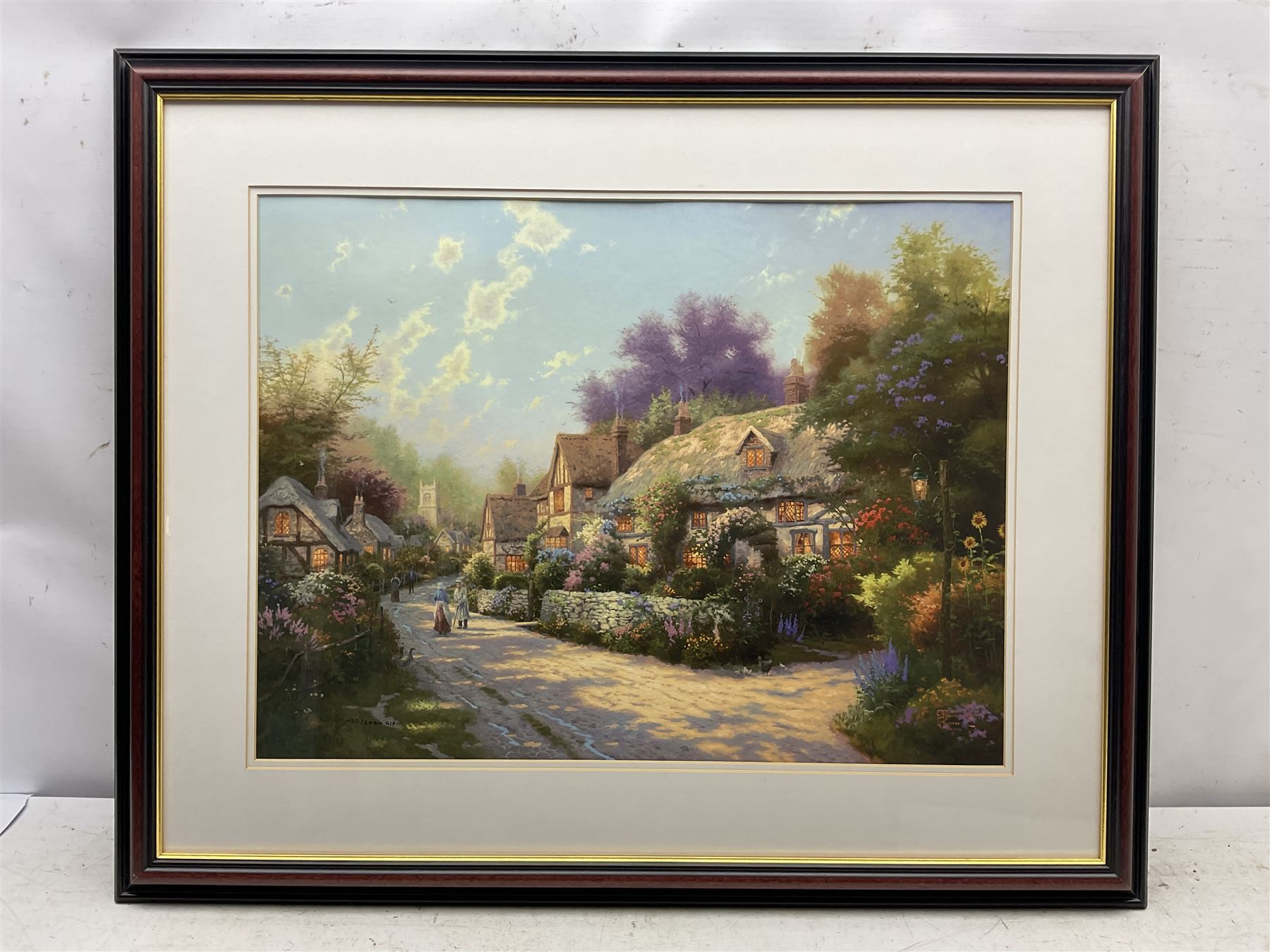 Thomas Kinkade (American 1958-2012): 'Cobblestone Village', offset lithograph no.1435/2050, with Certificate of Authenticity 45cm x 60cm
