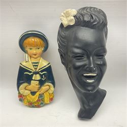 Art Deco plaster female bust, marked Arnova 353, together with a collection of wall masks 