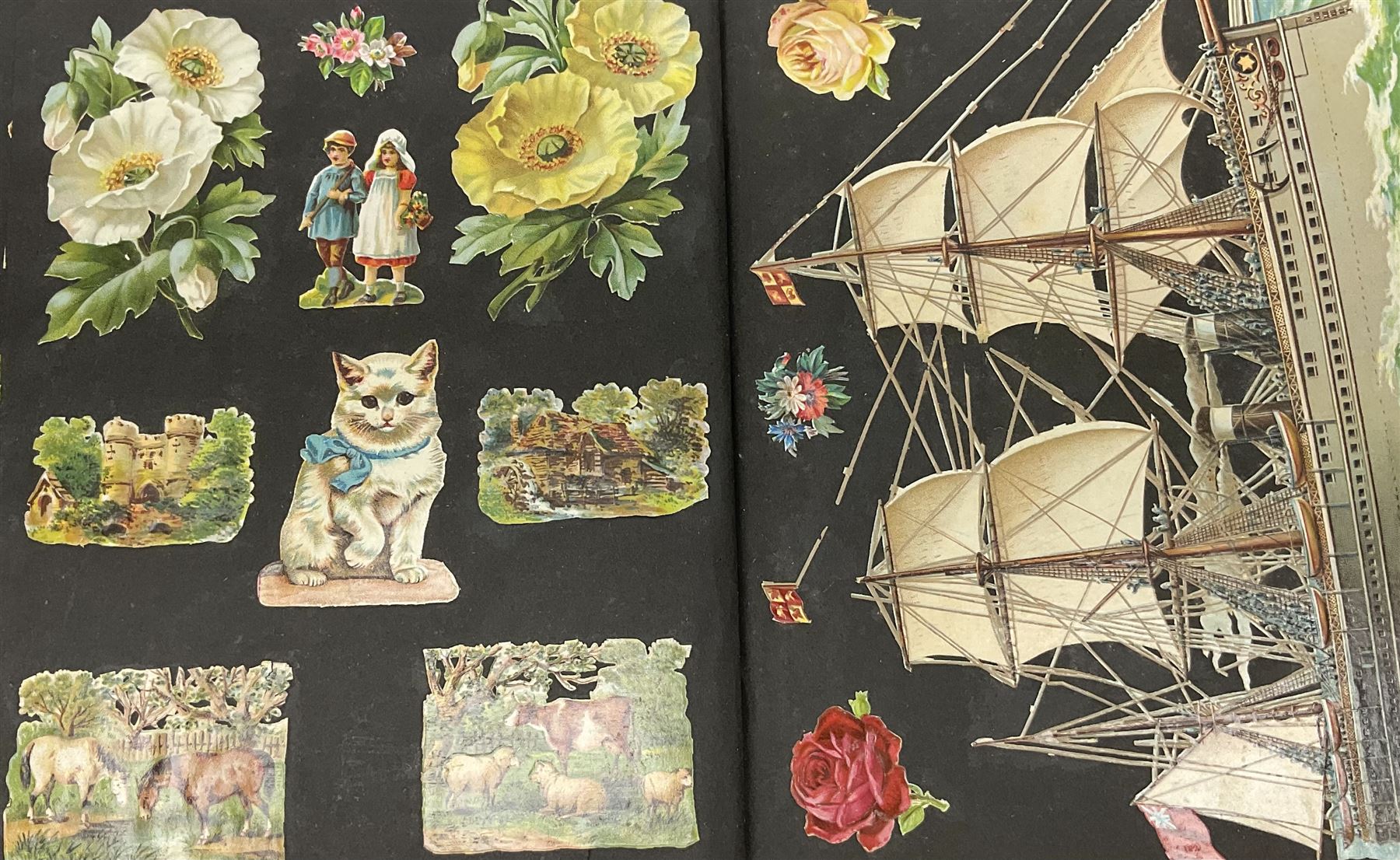 Victorian scrapbook containing twenty-six double sided pages and two fixed end pages of various fixed decoupage to include clippings of maritime interest, greeting cards, portraiture, flowers, animals etc, 