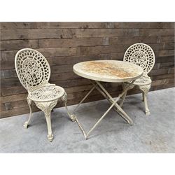 Circular cast aluminium garden table (D74cm, H68cm), and two chairs
