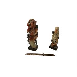 Two soapstone carved figures and a knife, figure H27cm