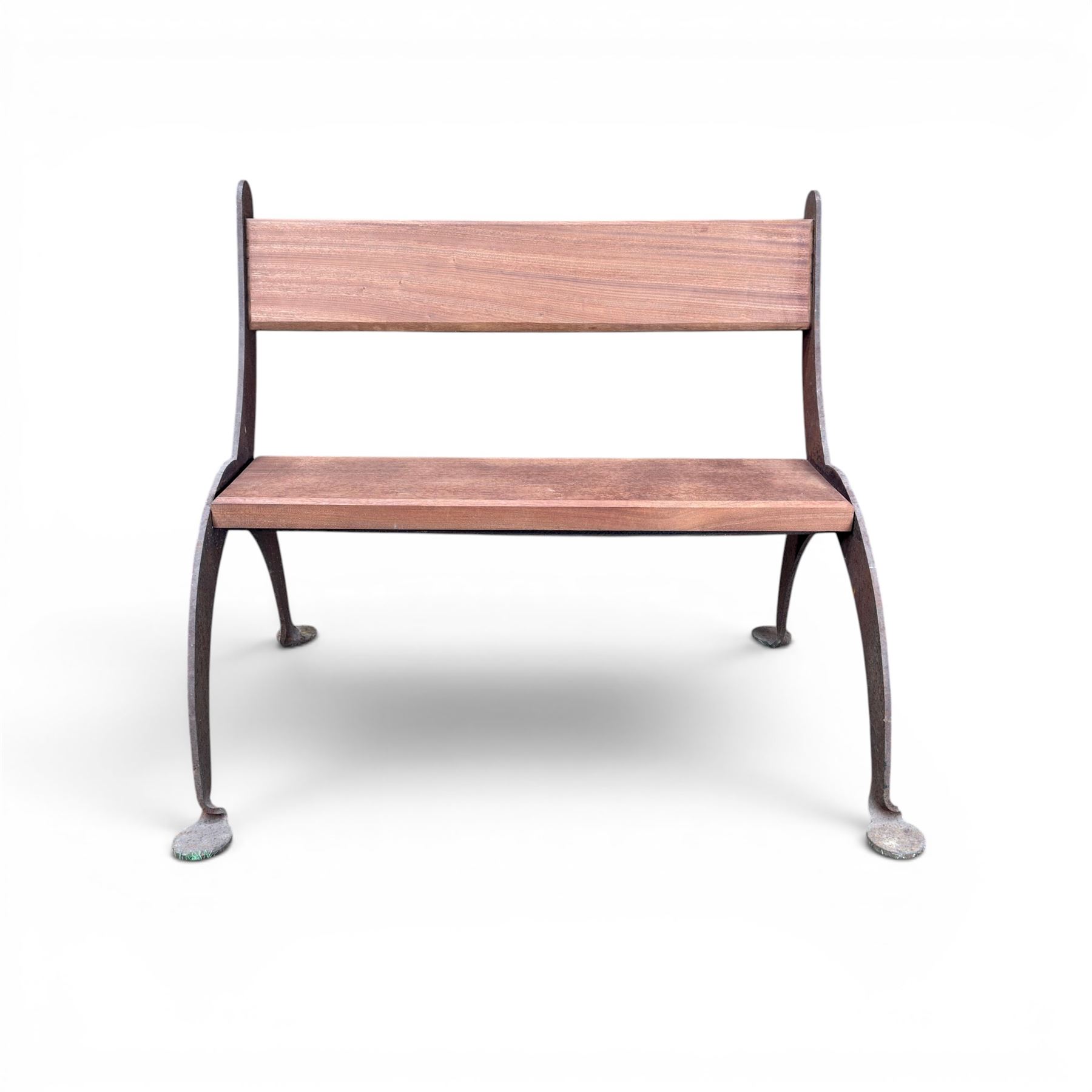 Corten steel industrial minimalism garden bench, sapele hardwood plank seat and backrest, unfinished steel with stained timber