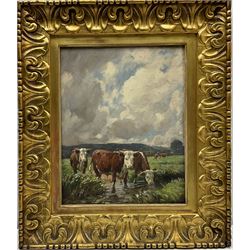 William Gunning King (British 1853-1940): Hereford Cattle Watering, oil on panel indistinctly signed and dated 1917, 36cm x 29cm