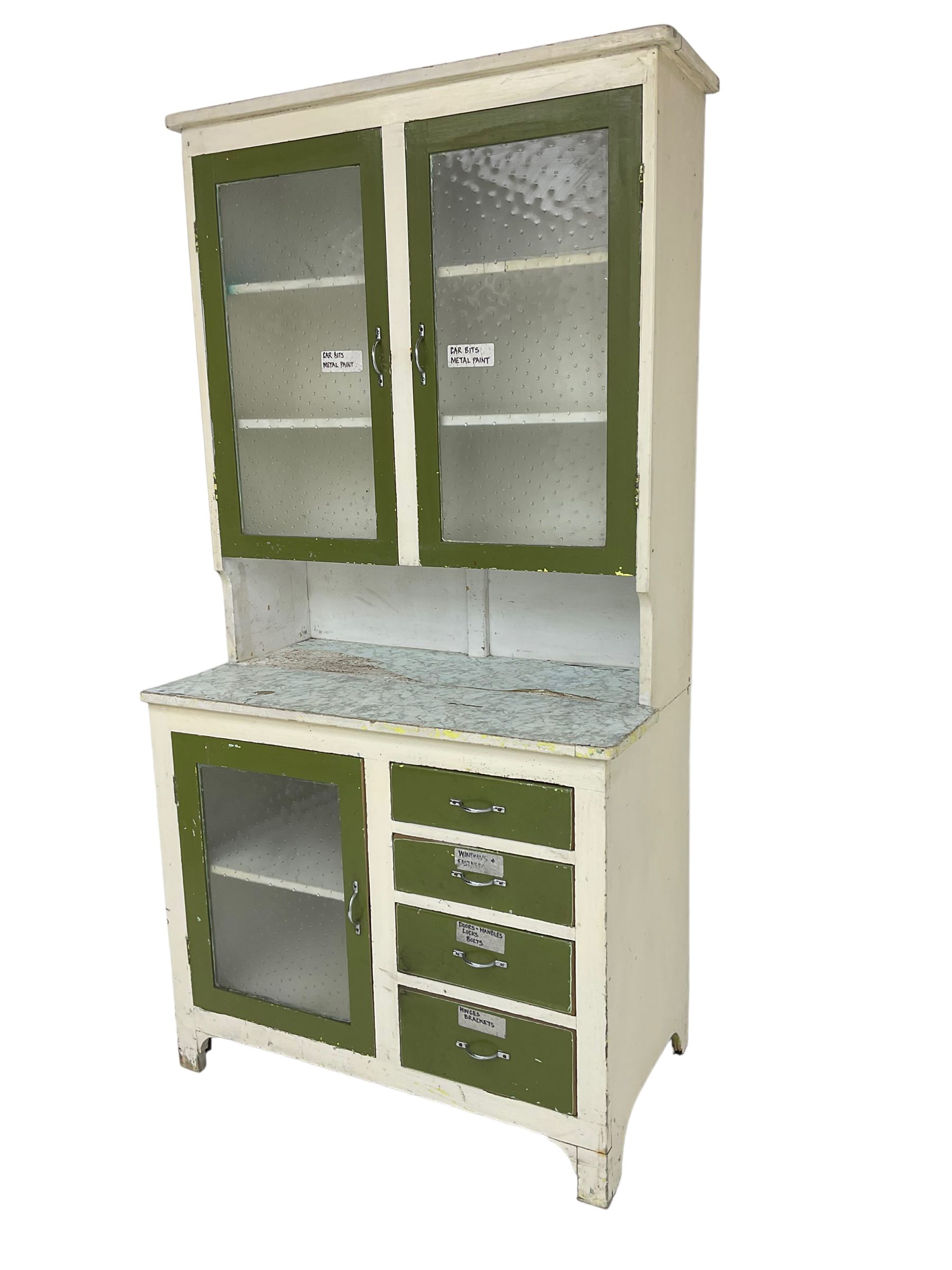 Mid-20th century painted kitchenette, raised glazed cabinet over single glazed door and four drawers