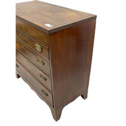 George III mahogany chest, rectangular crossbanded top over four long cock-beaded drawers with bone lozenge escutcheons and oval pressed brass handle plates, on bracket feet