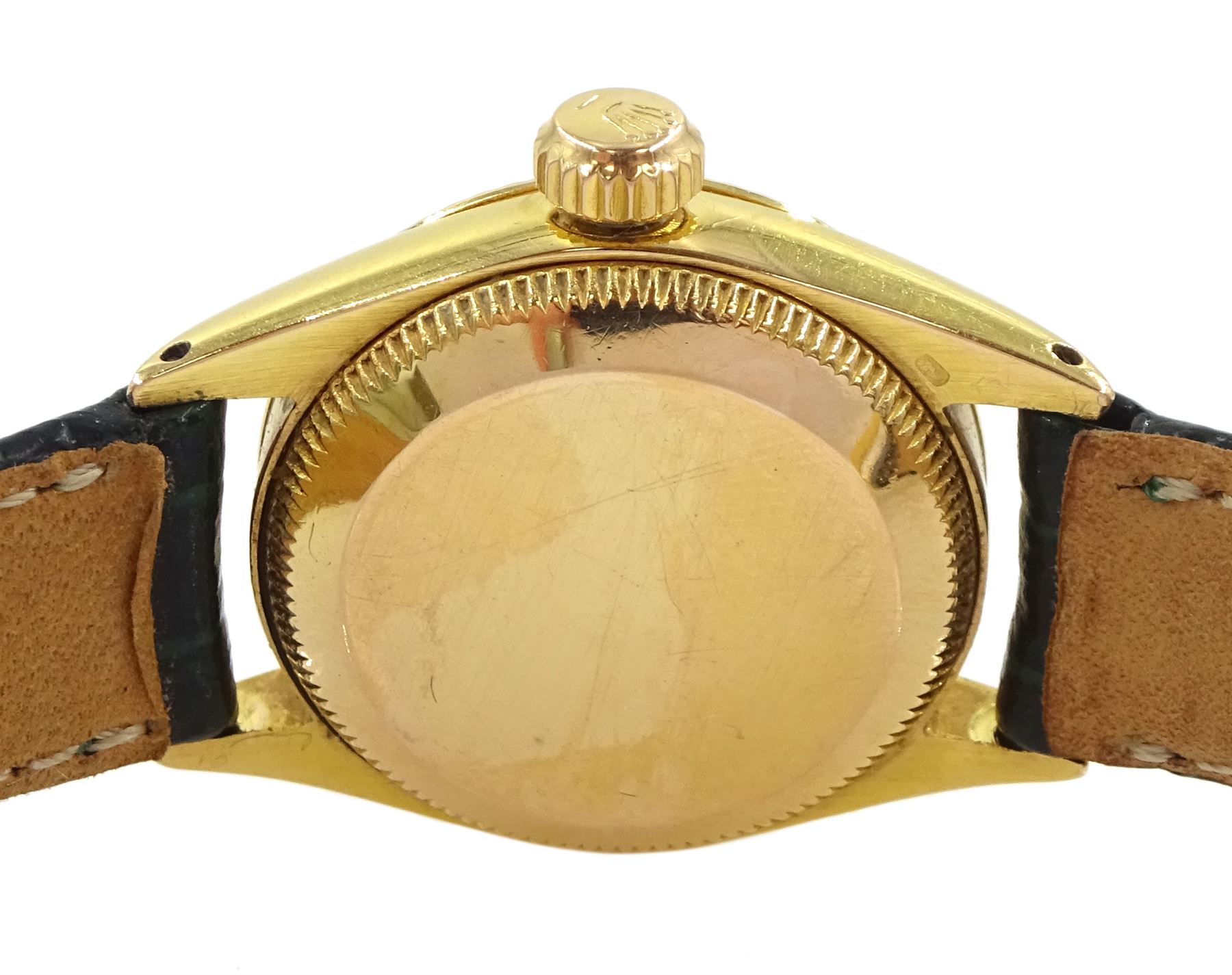 Rolex Oyster perpetual Datejust ladies 18ct gold automatic wristwatch, circa 1963, Ref. 6517, serial No. 882914, champagne dial with baton hour markers, hallmarked, on green leather strap