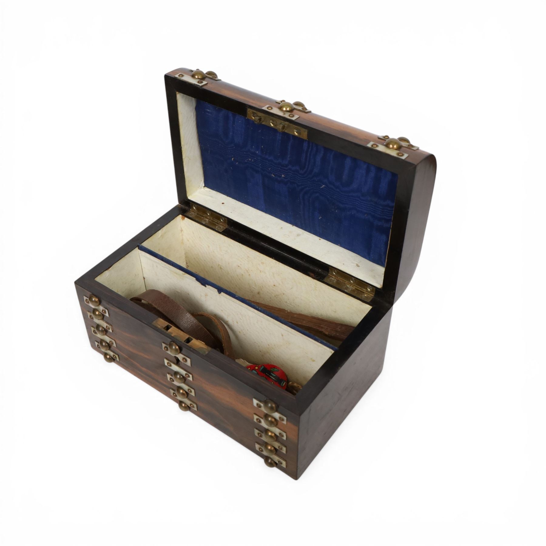 Victorian coromandel and mother of pearl casket, together with an oyster veneer walnut box with pinwork decoration, casket H11cm, L21cm, D13cm