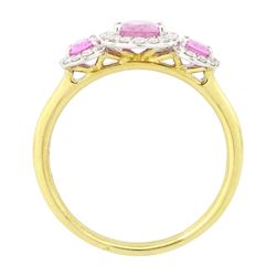 18ct gold pink sapphire and diamond trilogy ring, three oval cut sapphires surrounded by round brilliant cut diamonds, hallmarked, total sapphire weight approx 1.45 carat, total diamond weight approx 0.25 carat